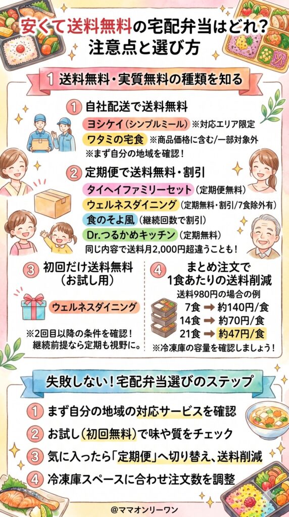 送料無料または実質無料で使える宅配弁当の種類