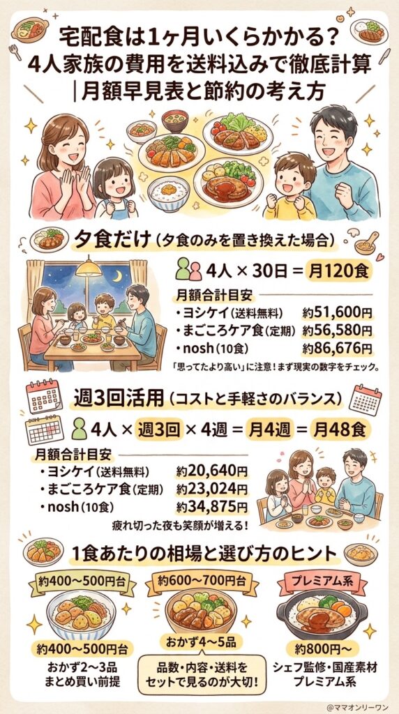 宅配食を4人家族で使うと1ヶ月いくらかかるのか、正直に計算してみた