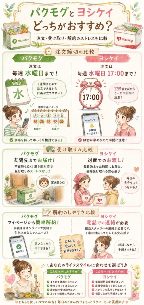パクモグとヨシケイ 注文・受け取り・解約、毎日のじわじわしたストレスを比べる