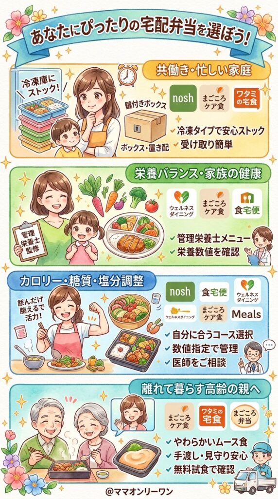 目的・家族の状況別｜あなたの家庭に一番合う宅配弁当はどれか