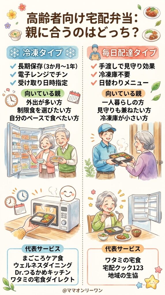 冷凍タイプと毎日配達タイプ、親に合うのはどっち？
