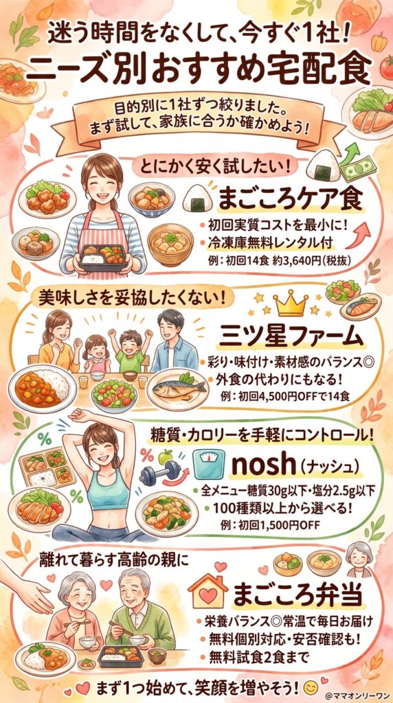 今すぐ1社に絞りたい人へ　ニーズ別おすすめの宅配食はこれ
