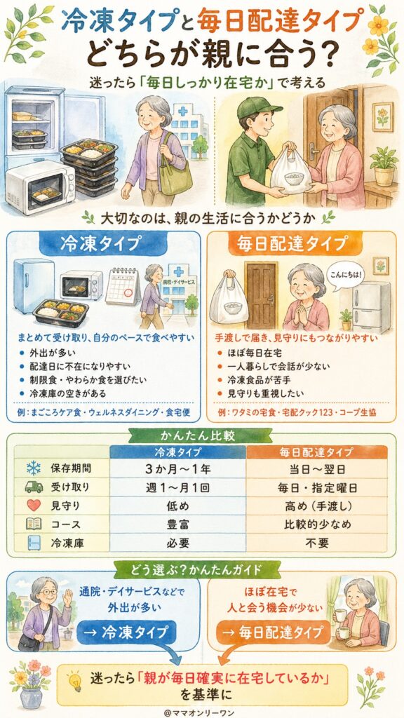 冷凍タイプと毎日配達タイプ、どちらが親に合うか