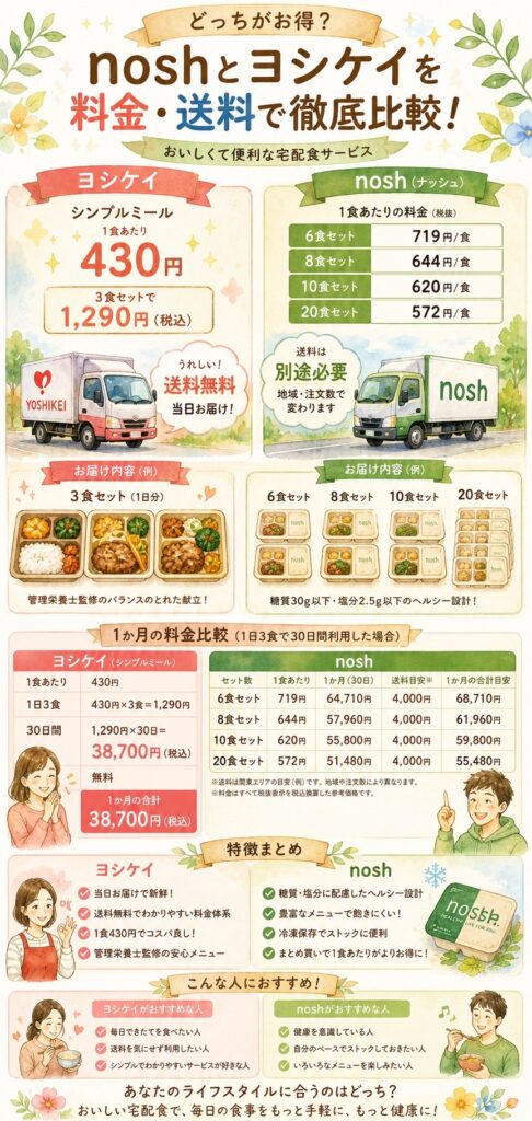 ナッシュとヨシケイ 料金を正直に比べる:送料込みで「実際いくら」かかるのか
