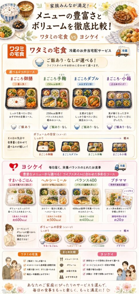 ワタミの宅食とヨシケイ 【比較④:メニューと量】家族全員が納得できるか