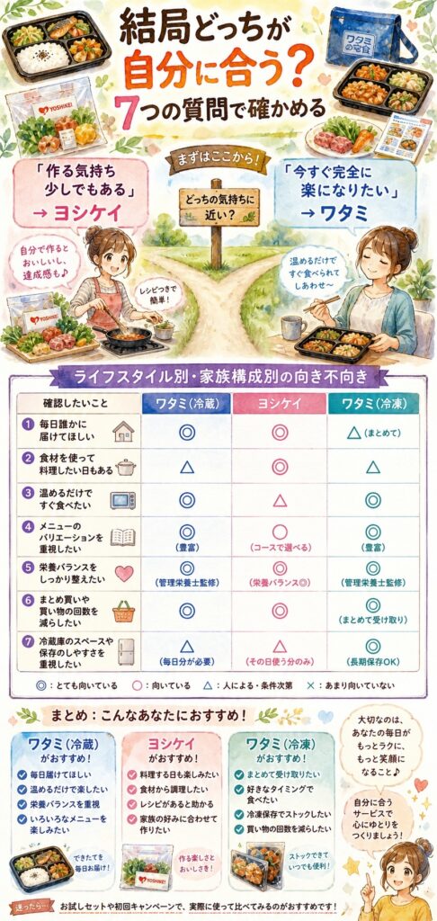 ワタミの宅食とヨシケイ 結局どっちが自分に合う?7つの質問で確かめる