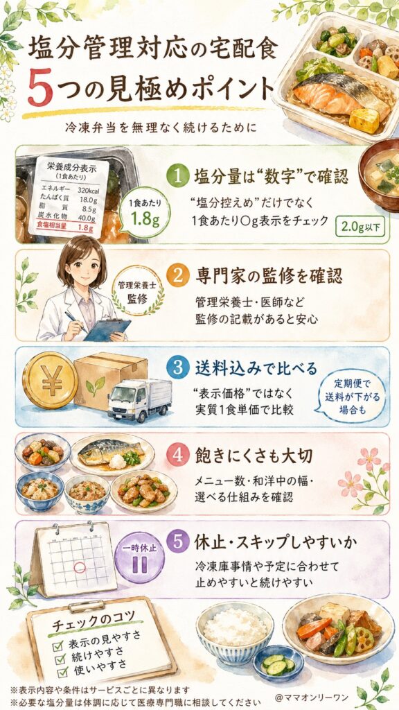 塩分管理対応の宅配食サービスを選ぶときの「5つの見極めポイント」