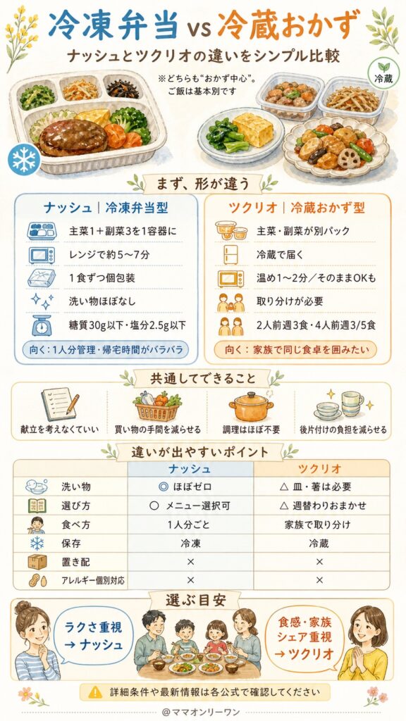 ナッシュとツクリオ そもそも何が違うのか：冷凍弁当と冷蔵おかずという根本的な差