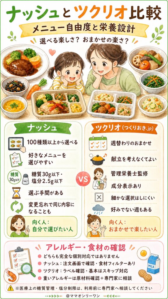 ナッシュとツクリオ メニューの自由度と栄養設計：選べる楽しさか、任せる楽さか