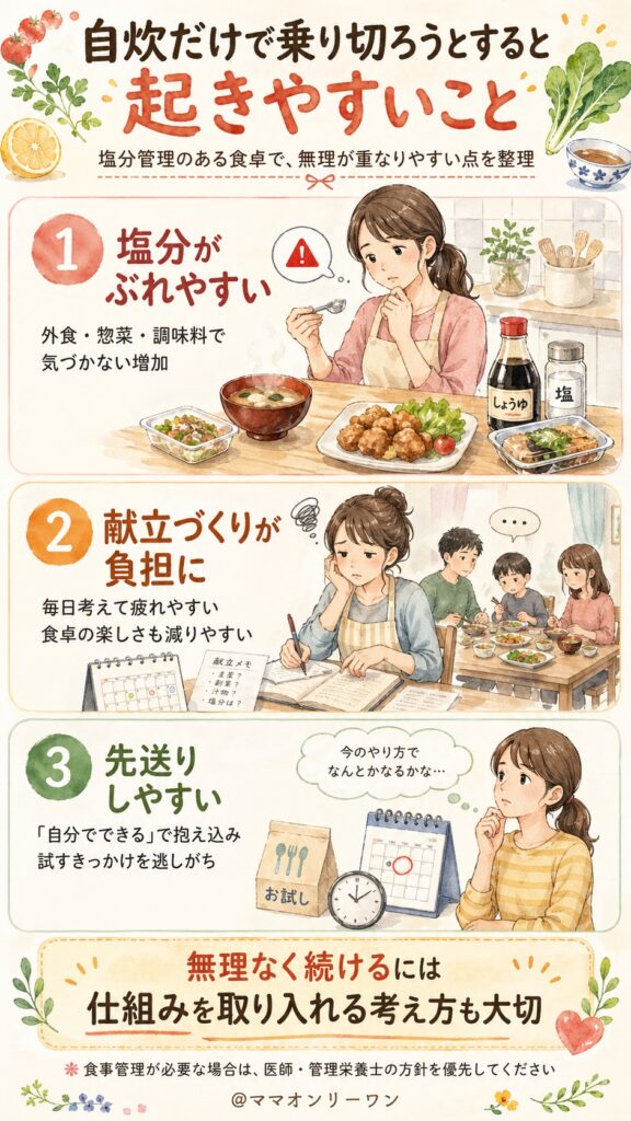 宅配食を使わずに自炊だけで乗り切ろうとしたとき、起きやすいこと