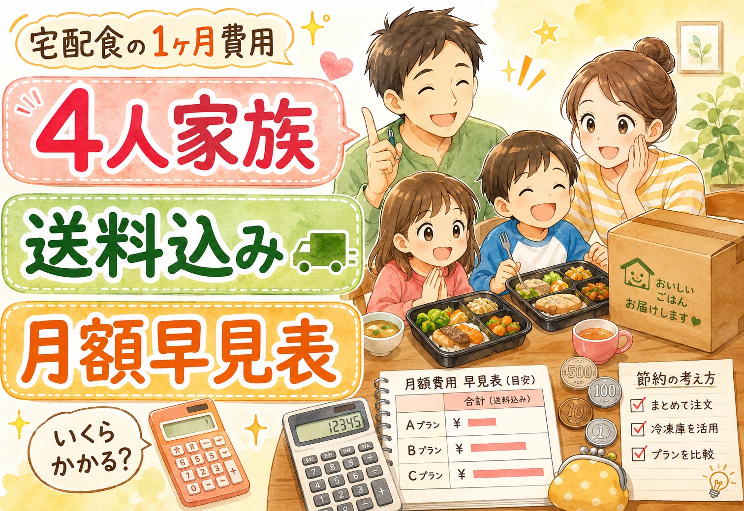 宅配食は1ヶ月いくらかかる？4人家族の費用を送料込みで徹底計算｜月額早見表と節約の考え方