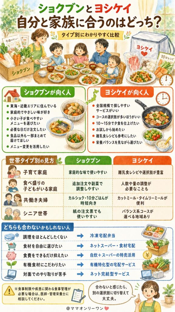 ショクブンとヨシケイ 自分と家族に合うのはどっち?タイプ別に見極める