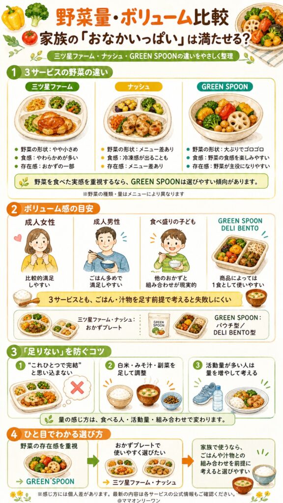 三ツ星ファーム・ナッシュ・GREEN SPOON 【野菜量・ボリューム比較】家族の「おなかいっぱい」は満たせるのか