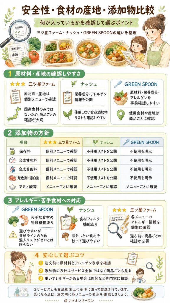 三ツ星ファーム・ナッシュ・GREEN SPOON 【安全性・食材の産地・添加物比較】何が入っているか分かるから安心できる
