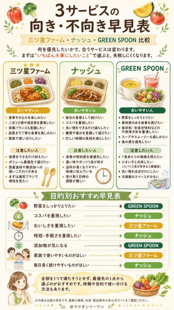 三ツ星ファーム・ナッシュ・GREEN SPOON こんな人に合う!3サービスそれぞれにおすすめできる人・慎重に考えたい人