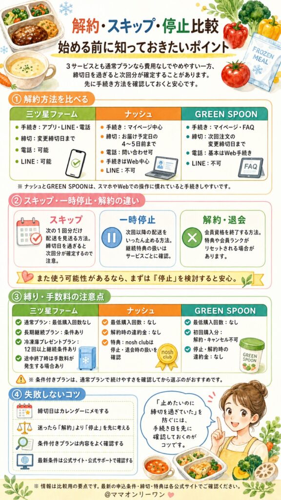 三ツ星ファーム・ナッシュ・GREEN SPOON 【解約・スキップ・停止比較】始める前に必ず知っておきたいこと