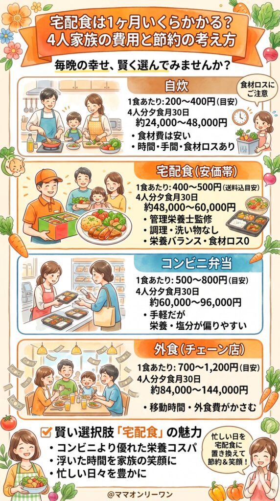 宅配食・自炊・外食・コンビニ弁当、4人家族で使うと月いくら違うのか