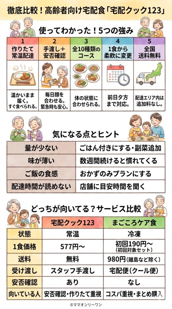 宅配クック123　メリットとデメリット、両方をテーブルに並べてフラットに比較