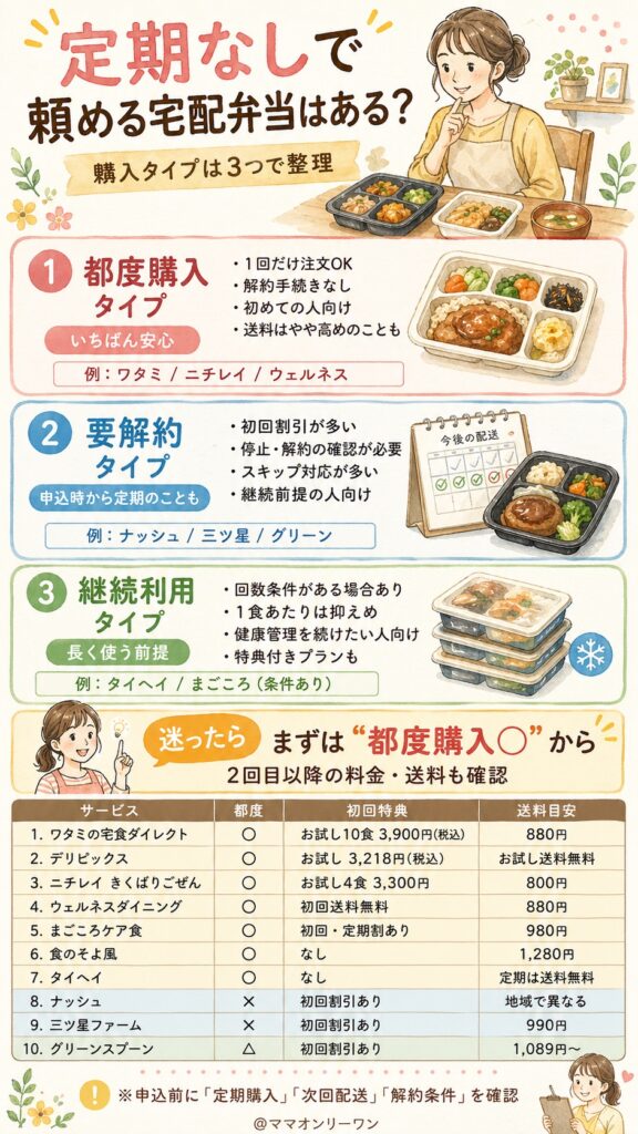 そもそも「定期なし」で頼める宅配弁当ってあるの？購入タイプを3つで整理する