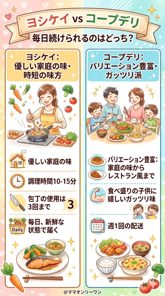 ヨシケイとコープデリミールキットの味・品質・調理感を比べてみた：毎日食べ続けられるか