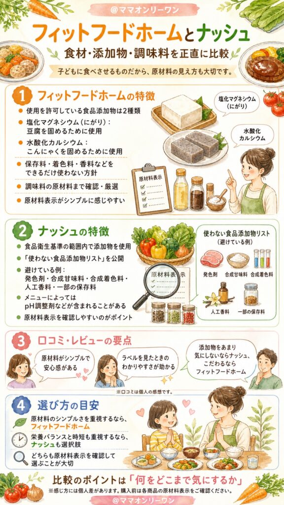 フィットフードホームとナッシュ 食材・添加物・調味料、子どもに食べさせるものだから正直に比べる