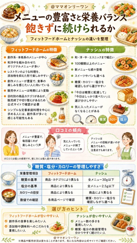 フィットフードホームとナッシュ メニューの豊富さと栄養バランス、飽きずに続けられるか