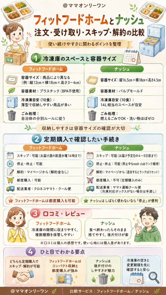 フィットフードホームとナッシュ 注文・受け取り・スキップ・解約、使い続けられるかどうか