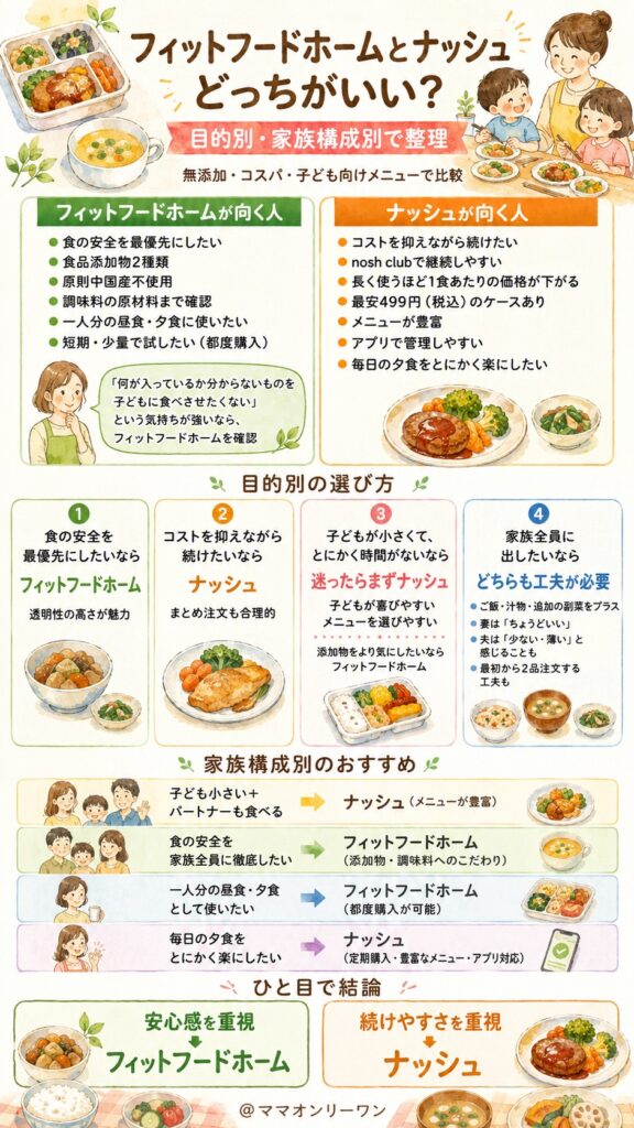 フィットフードホームとナッシュ 目的別・家族構成別、どっちを選ぶか整理する