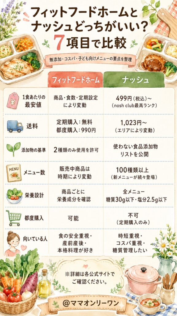 フィットフードホームとナッシュ 7項目で2つのサービスを並べて確認する比較表