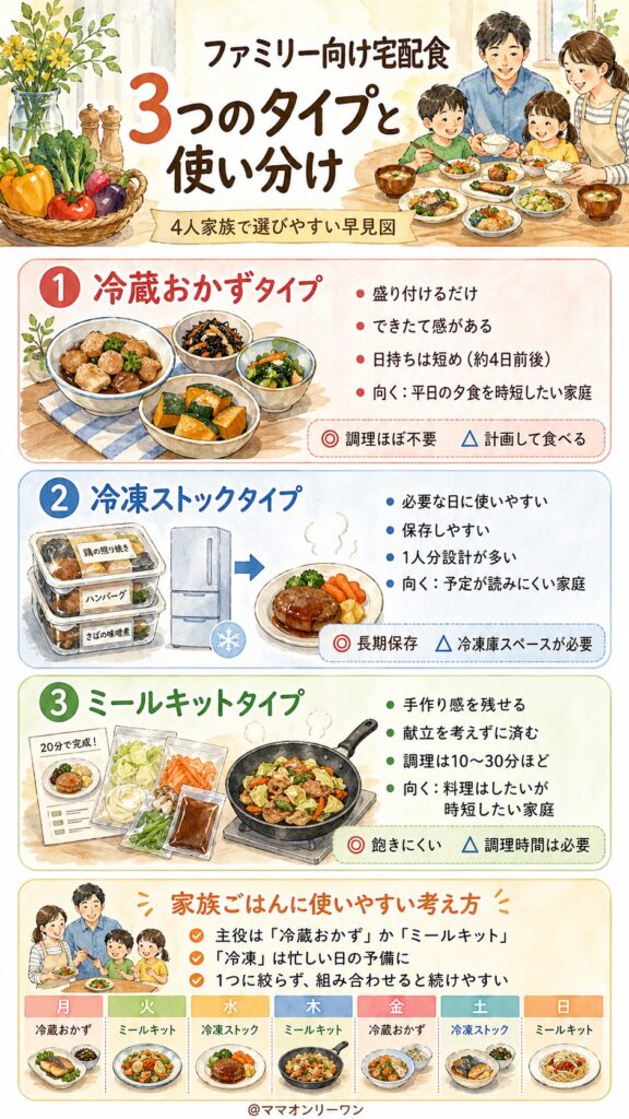 ファミリー向け宅配食の3つのタイプ、それぞれの使い方