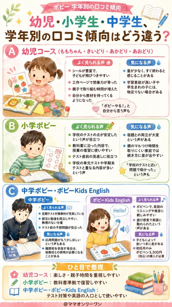 月刊ポピー 幼児・小学生・中学生、学年別の口コミ傾向はどう違う?