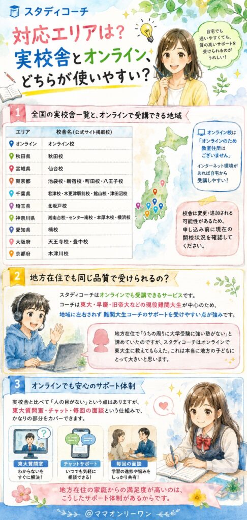 スタディコーチ 対応エリアは?実校舎とオンライン、どちらが使いやすい?