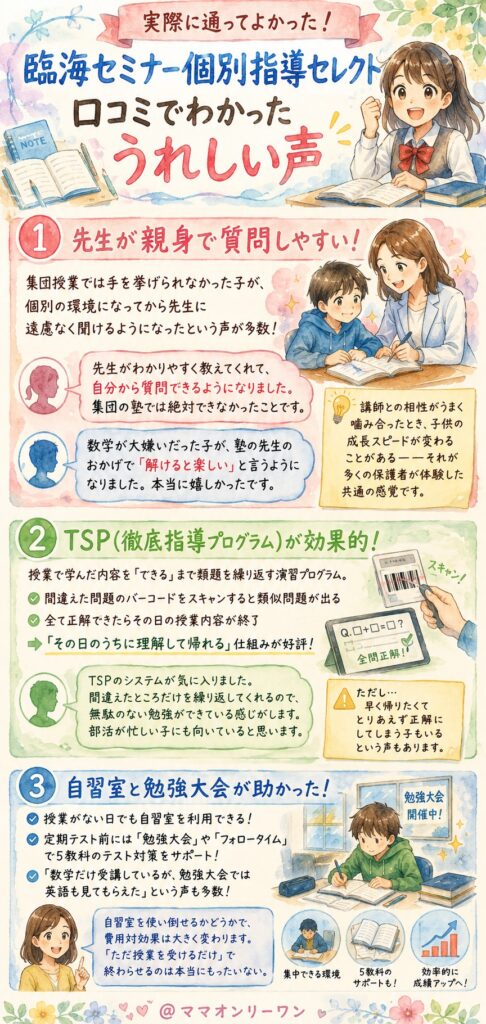 臨海セミナー個別指導セレクト 実際に通ってよかったという口コミ、具体的にどんな声があった？