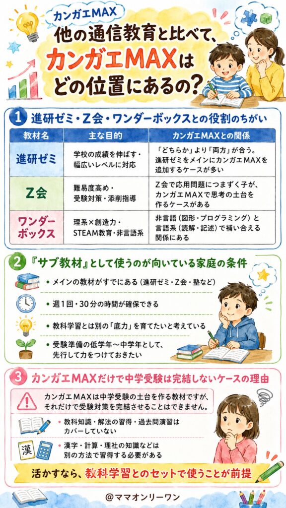カンガエMAX 他の通信教育と比べて、カンガエMAXはどの位置にあるの?