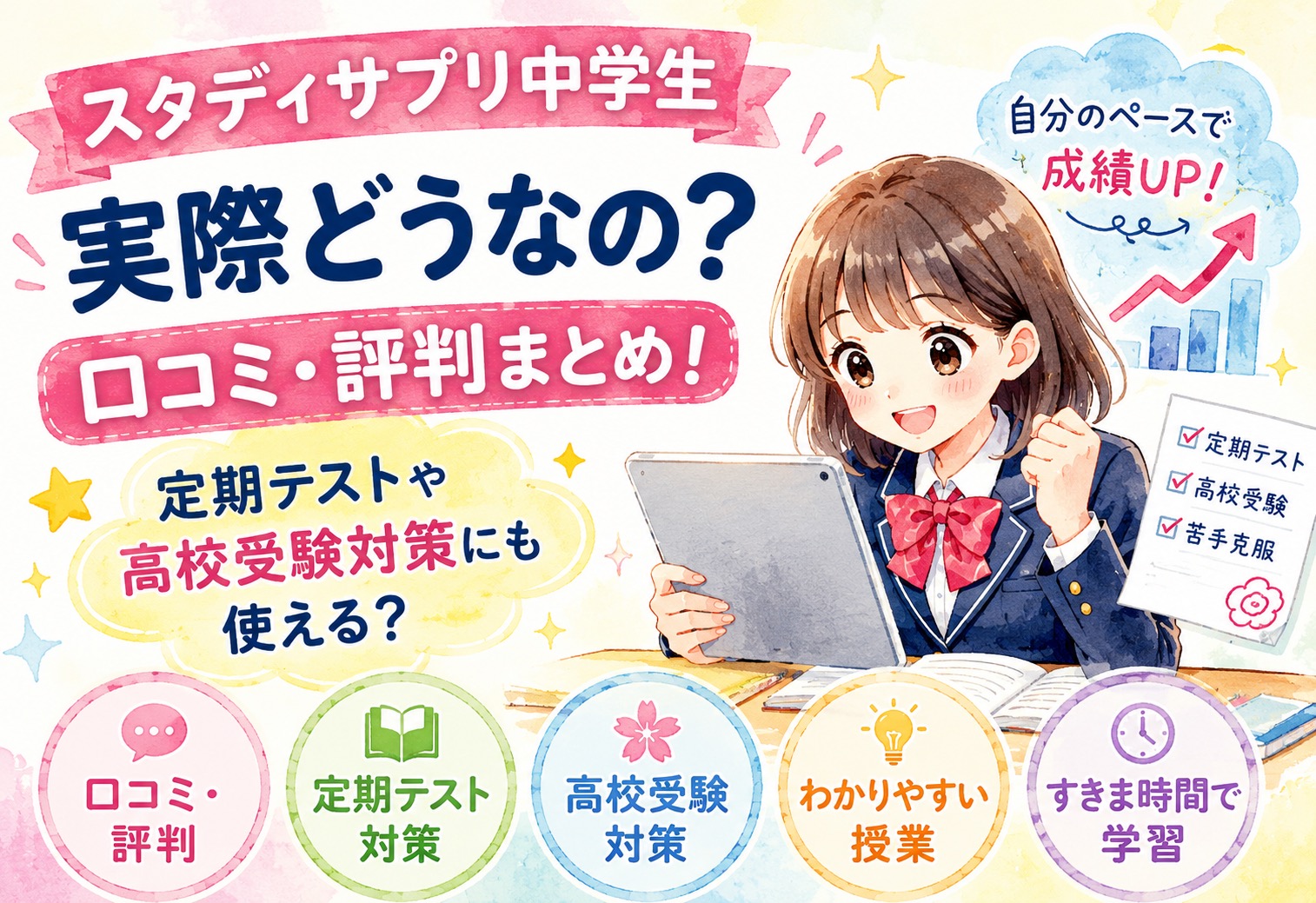 スタディサプリ中学生って実際どうなの？口コミ・評判まとめ！定期テストや高校受験対策にも使える？