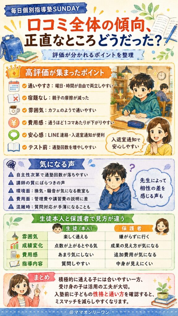 毎日個別指導塾SUNDAY 口コミ全体の傾向、正直なところどうだった?