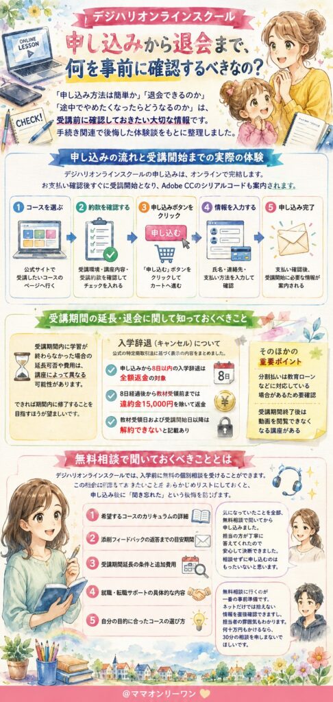 デジハリオンラインスクール 申し込みから退会まで、何を事前に確認するべきなの?