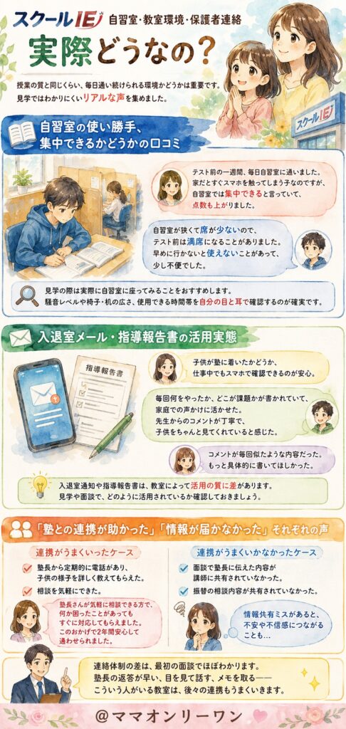 スクールIE 自習室・教室環境・保護者連絡、実際どうなの？