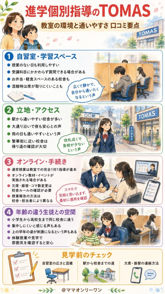 進学個別指導のTOMAS 教室の環境と通いやすさはどうなの?