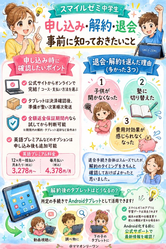 スマイルゼミ中学生 申し込み・解約・退会について、事前に知っておきたいことは何か？
