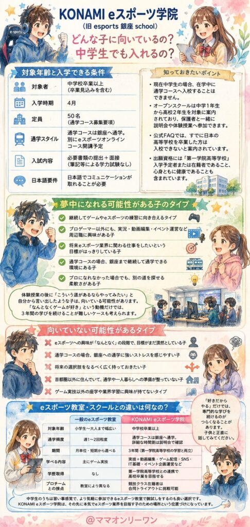 KONAMI eスポーツ学院(旧esports 銀座 school) どんな子供に向いているの？中学生でも入れるの？