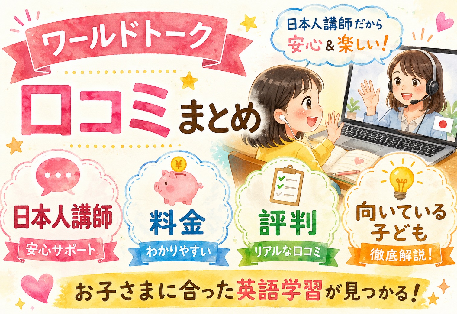 ワールドトークの口コミまとめ｜日本人講師の評判・料金・向いている子どもを徹底解説