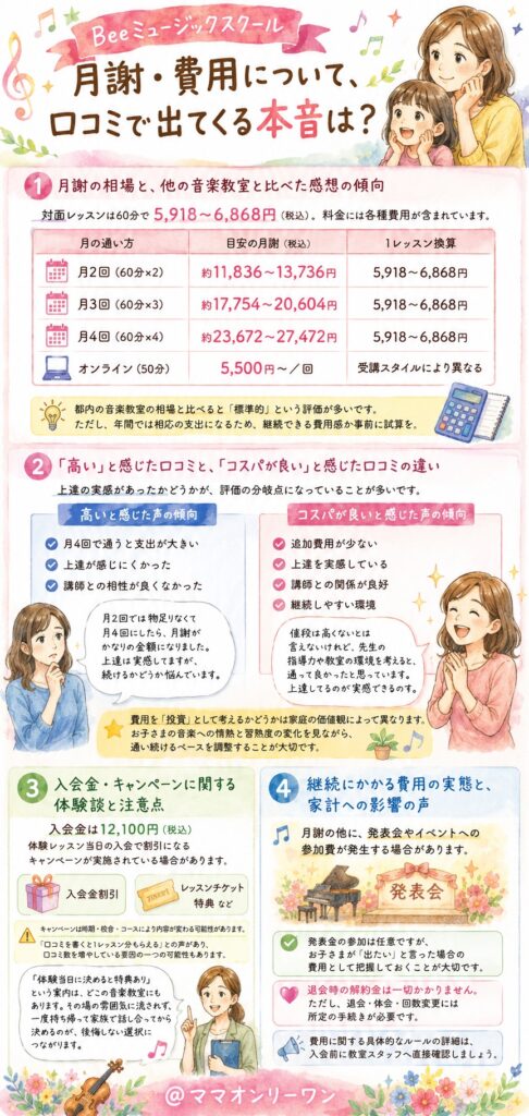 Beeミュージックスクール　月謝・費用について、口コミで出てくる本音は？