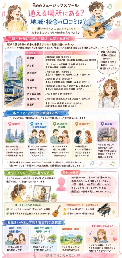 Beeミュージックスクール　通える場所にある？地域・校舎の口コミは？