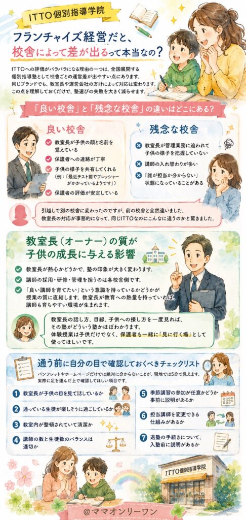 ITTO個別指導学院 フランチャイズ経営だと、校舎によって差が出るって本当なの?
