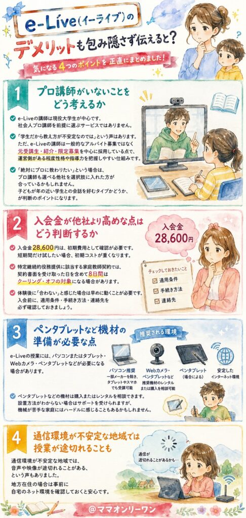 オンライン家庭教師のe-Live(イーライブ) e-Live(イーライブ)のデメリットも包み隠さず伝えると？