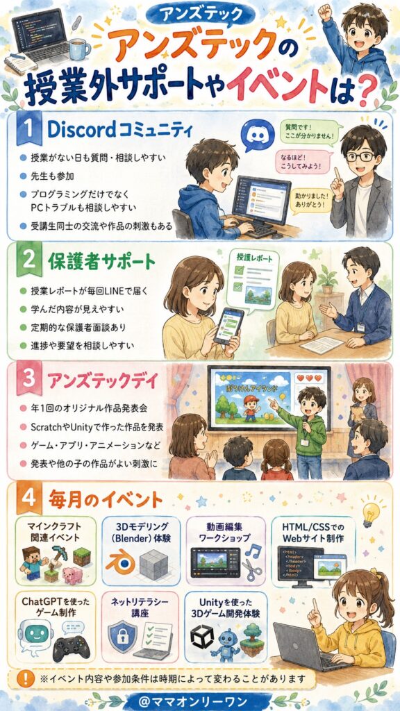 アンズテック 授業外のサポートやイベントはどうなっている？
