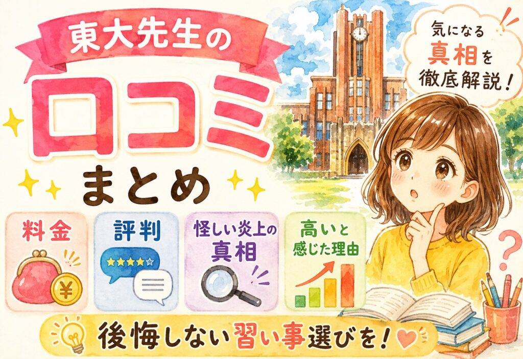 画像作成依頼　gpt-image-2モデルで生成 以下の内容を解析し、「@ママオンリーワン」と一番下のフッター部分に記載されて、サービス名や商品名の入った要点をまとめてスマホで見やすいサイズ(縦長）のインフォグラフィックを使ったわかりやすい図解を作成。 その画像を.pngで取得できるようにして。 日本人が読者(肌の色に気を付ける） スタイル：習い事や学習が主体の美しい水彩画の手書き風で日本のアニメ風のワクワク感がある明るさを強調したアーティスティックなイラスト """"""" 東大先生を選ぶ前に——他のオンライン塾と何が違う？ 東大先生が良いかどうかを判断するには、他のサービスと比べることが欠かせません。 同じ「東大生講師」を使うオンライン塾でも、指導スタイルや料金構造はかなり違います。 トウコベ・東大伴走など類似サービスとの比較 東大生講師のオンライン塾の中で、東大先生は「授業・管理・質問対応をまとめて検討するセット型」として位置づけられます。 トウコベは授業を45分以上・15分単位で調整でき、公式サイトでは受講時間帯が9:00〜23:00と紹介されています。学習サポート費・大学指定費・自習室利用費が別途かかる点は確認が必要です。東大伴走は週1回の面談中心で計画管理に特化していますが、公式特定商取引法表示で月72,000円~と費用が高めです。東大オンラインは月4回指導と質問アプリ利用を含むプランが紹介されており、指導時間が比較的決まっています。 サービス 月額目安 強み 注意点 東大先生 24,800円~目安 授業+計画管理+質問対応を含めて検討できる。オンライン自習室も紹介されている 料金詳細は相談が必要。講師の質に個人差あり トウコベ 授業料は30分あたり学年別。入会金19,800円 授業を45分〜15分単位で調整可。受講時間帯が広い 学習サポート費・大学指定費・自習室利用費が別途必要な場合あり 東大伴走 72,000円~ 週1面談で計画管理に特化。長期サポート型 費用が高め。授業解説よりも管理中心 東大オンライン 32,780円~ 月4回指導+質問アプリ利用の情報あり 指導時間が固定のため少なめに感じる場合あり。最新条件は公式確認 どれが「良い」ではなく、子供の状況と家庭の方針に合うかで選ぶのが正しい判断です。複数の無料相談を受けてから決めることを強くおすすめします。 東大先生が向いている家庭、他を選んだほうがよい家庭 東大先生が向いているのは「計画管理までお願いしたい」「管理してもらうと動ける子がいる」家庭です。 子供が勉強のやり方から迷っていて、授業だけでなく毎日のサポートも必要なら東大先生の構造が合います。 一方で、自分でどんどん進める子や、費用を抑えたい家庭、対面指導を希望する場合は別のサービスを検討した方が良い場合もあります。 状況 おすすめの判断 勉強のやり方から見直したい 東大先生が向いている可能性が高い 計画・管理も含めてお願いしたい 東大先生が向いている可能性が高い 授業スケジュールを柔軟に変えたい トウコベの方が合う場合あり 計画管理だけ特化してお願いしたい 東大伴走も選択肢に 費用を最優先で抑えたい トウコベ、東大オンライン、他サービスを比較 対面指導を希望 地域の個別指導塾を検討 [word_balloon id="3" size="S" position="L" name_position="under_avatar" radius="true" balloon="talk" balloon_shadow="true"]「東大先生にするか、他にするか」より「うちの子には今何が必要か」を先に決める。その答えに合うサービスを選ぶ順番が正しい。[/word_balloon] サービスの優劣ではなく「今の子供に合う環境か」が唯一の判断基準です。 無料相談で絶対に聞いておきたいこと 無料相談は入会を決めるためではなく、判断材料を集めるための場所です。 東大先生の無料相談では、学習状況や希望に合わせてプランの説明を受ける流れになります。 ここで曖昧なまま終わらせると入会後に後悔します。特に料金の年間総額、サポート範囲の具体的な内容、講師変更の手続き、退会時のルールは必ず確認してください。 年間でかかる費用の総額(入会金・月額・その他) 自習室の利用ルールと時間帯 LINEの返信が来るまでの目安時間 退会する場合の手続きと期日 現在のオンライン授業ツールと利用環境 担当講師の変更手続きと期間 [ふきだし set="シルエット05"]無料相談で全部聞いてから決めました。聞きたいことをメモしていったので、納得した上で入会できたと思います。[/ふきだし] 無料相談は「申し込む前に受けておくべきもの」ではなく「これを受けないまま申し込むのは危険」というレベルのステップです。面倒でも必ず受けてから動いてください。 """""" 条件 上記内容のみを使用する。 上記内容の見出しを強調して上部に設置する 「記事のメインタイトル」を上部に使用しない サービス名や商品名は上部に記載して良い。 日付の記載はしない 記載のない内容はウェブなどから検索して勝手に使用しない 記載したサービス名や商品名に間違いがないか確認 [重要]誤字がないか3回チェックする 写真のような画像ではなく、イラストにする 人を描く場合、腕の本数、指の本数など、人間の作りで間違いは修正する 著作権の問題にならないもので完全オリジナルと認識されるもの。 違法行為を助長させないような内容とする インフォグラフィクがスマホの画面の枠に入っているようなイメージには禁止 [重要][読者対象、読者が読了した後の気持ちに書かれている内容(文字）については、文字として掲載しない 誇大広告にならないようにする 法律関連の禁止事項に該当する内容は言い回しを変更する(景品表示法、薬事法関連など） 特定のブランドの価値を著しく毀損するような表現は避ける 以下の指示通り作成する 【記事の基本情報】 記事のメインタイトル：東大先生の口コミまとめ｜料金・評判・怪しい炎上の真相と高いと感じた理由を解説 読者対象：自分とその家族(特に子供）を幸せにしたいと思っている40代の日本人の心が美しい、常に与えることに真剣で与えることが大好きな日本人女性ママ（世帯年収1200万円) 【読後設計】 読者が読了した後の気持ち：子供の習い事を始めるという行動について、記事の内容に沿って行動した場合、子供の習い事への悩みが解決される。その子供に合った習い事が見つかる。記事を読み終えたあとすぐに、今すぐにでも子供のために何かやってあげたいと思う。また、記事の内容に沿って行動しなかった場合の後悔を強く感じさせて行動を促す。