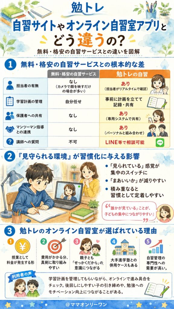 勉トレ 自習サイトやオンライン自習室アプリとどう違うの?
