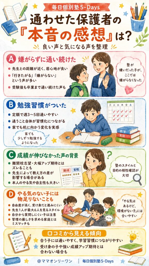 毎日個別塾5-Days　通わせた保護者の「本音の感想」はどんな内容だったのか？